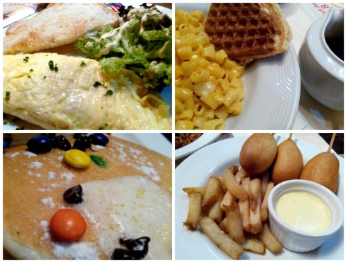 (Clockwise: Spanish Omelette, Mac n' Cheese with Brown Waffle, Mini-Corn Dogs with Fries, and Classic Pancake with Candy-Coated bits at Pancake House