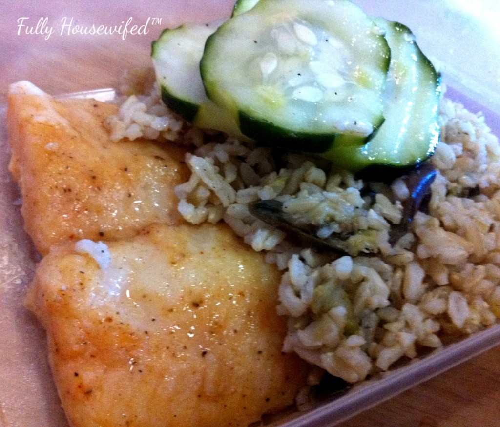 Fish with Eggplant, Mint and Chili Rice with Cucumber Salad on Vinaigrette on the side. 
